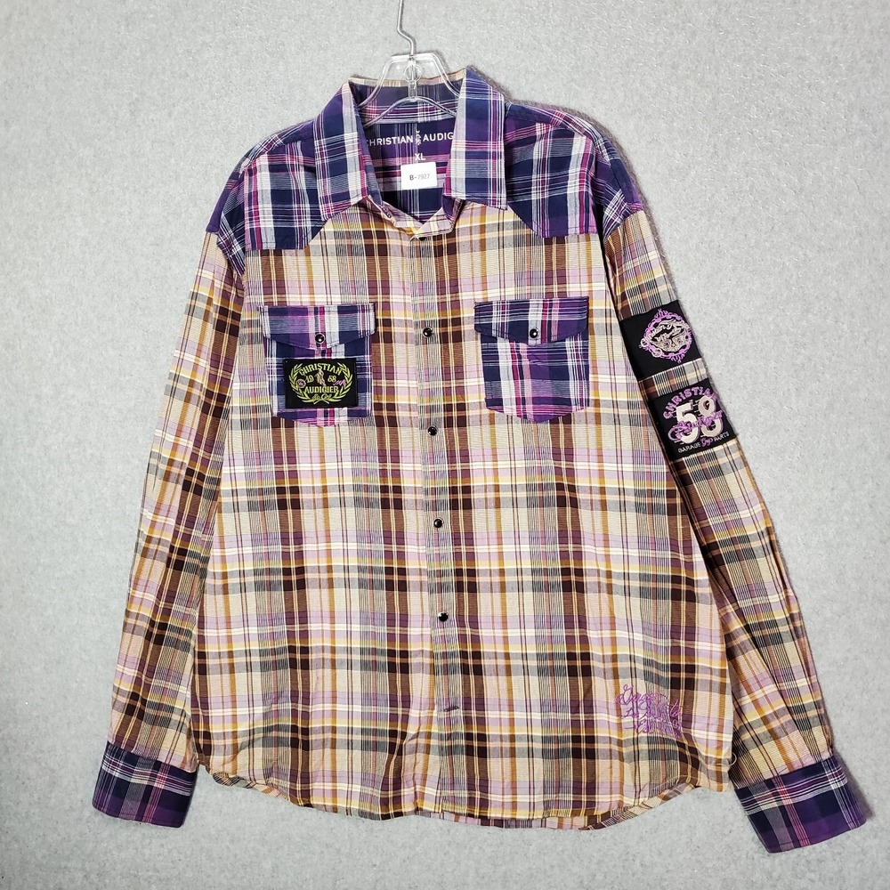 Christian‎ Audigier Men Button Up Shirt XL Plaid Purple Western Pearl Snap Crown
